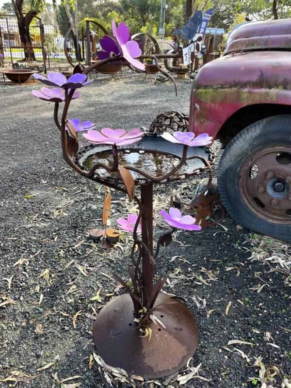 Mild Steel Bird Bath With Chain And Purple Flowers