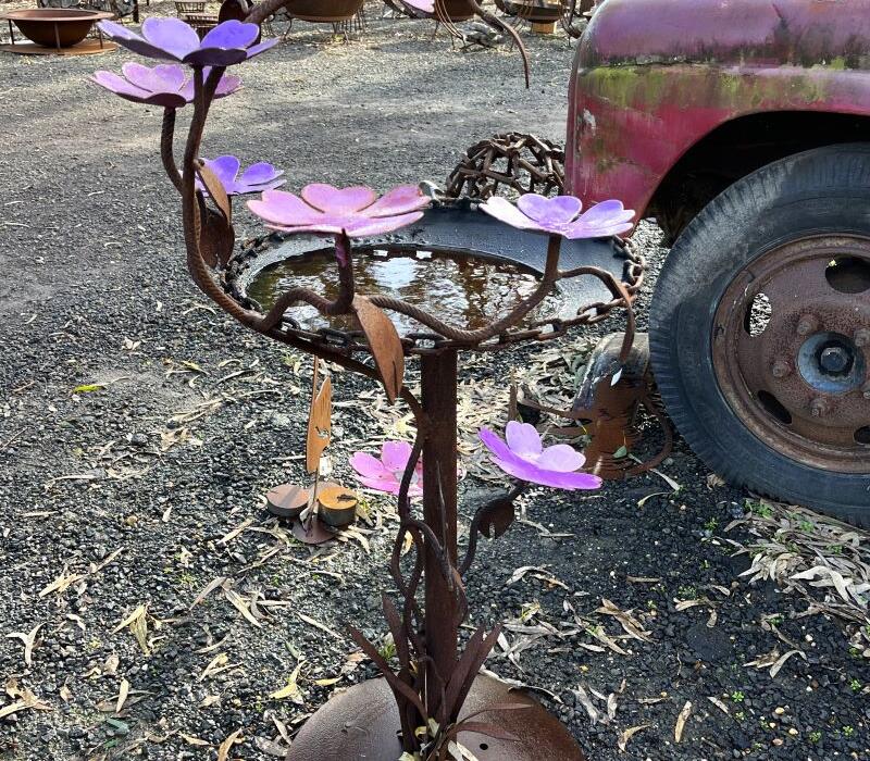 Mild Steel Bird Bath The Creek Gallery Garden   Mild Steel Bird Bath With Chain And Purple Flowers 800x700 